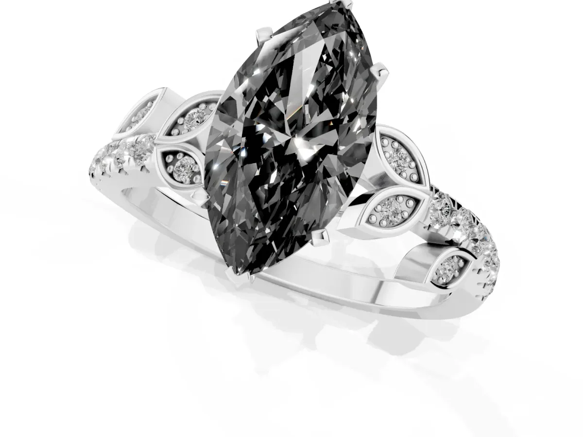 Fancy Black Marquise Cut Solitaire Leaf-Inspired Diamond Ring with Pavé Band and Four-Prong Setting Silver