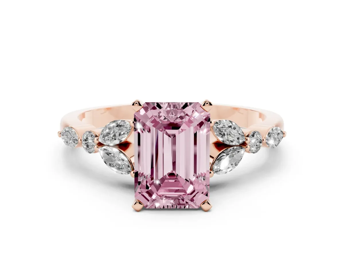 Fancy Pink Emerald Cut Diamond Solitaire Ring with Side Stones and Four-Prong Setting Rose gold