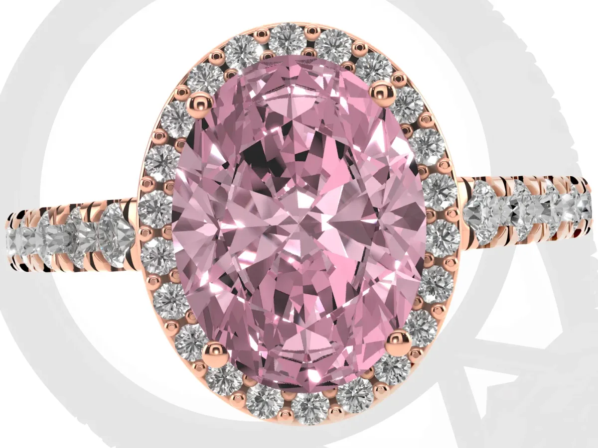 Fancy Pink Oval Cut Cut Halo Diamond Engagement Ring with Pave Band and Four-Prong Setting Rose gold