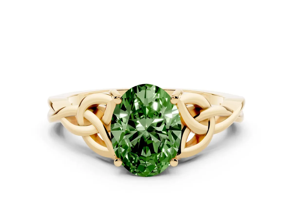 Fancy Green Oval Cut Diamond Solitaire Engagement Ring with Celtic Knot Band and Four-Prong Setting Yellow gold