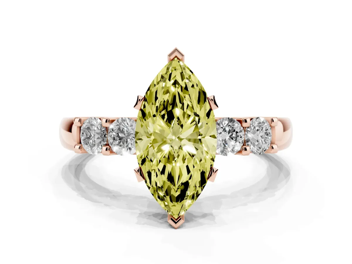 Fancy Yellow Marquise Cut Brilliant Cut Diamond Five-Stone Prong Set Engagement Ring with Channel Band Rose gold