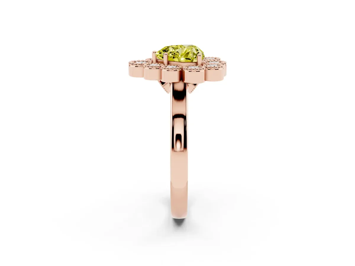 Fancy Yellow Heart Cut Halo Diamond Cluster Engagement Ring with Milgrain Bezel Setting and Solitaire Band Rose gold