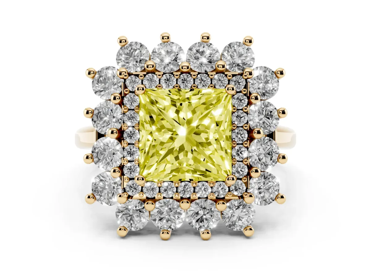 Fancy Yellow Princess Cut Diamond Floral Double Halo Engagement Ring with Prong Setting Yellow gold