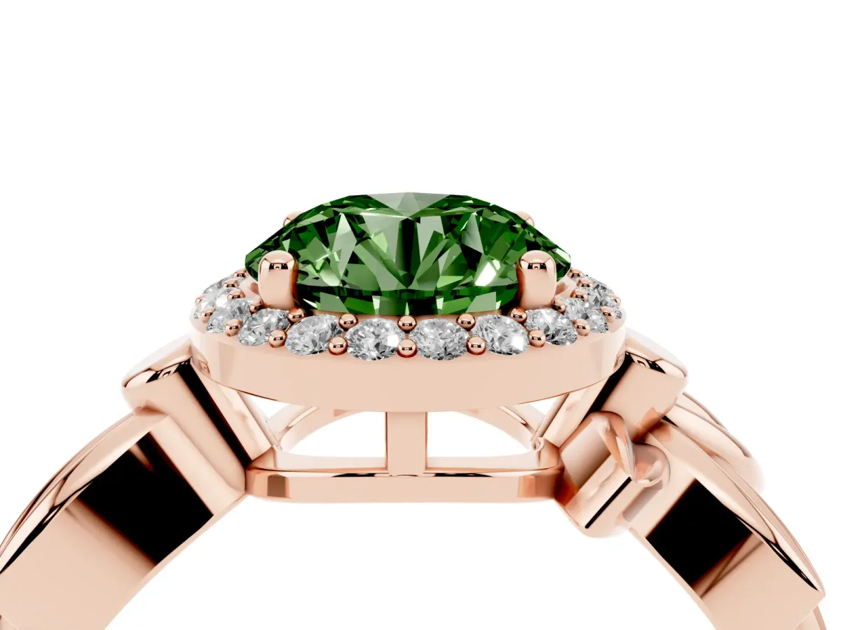 Fancy Green Round Cut Halo Diamond Floral Band with Four-Prong Setting Rose gold