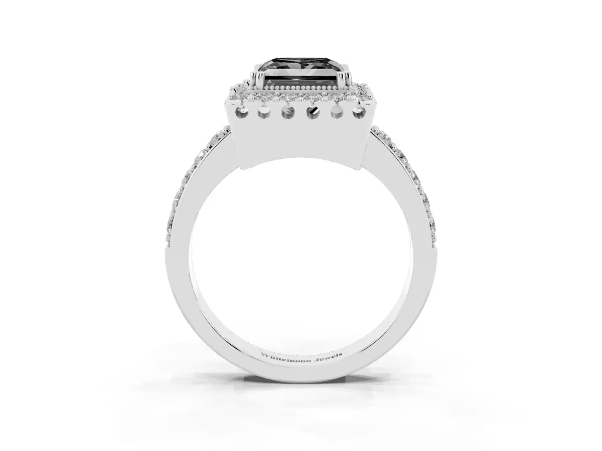 Fancy Black Princess Cut Diamond Halo Ring with Pavé Band and Prong Setting Platinum
