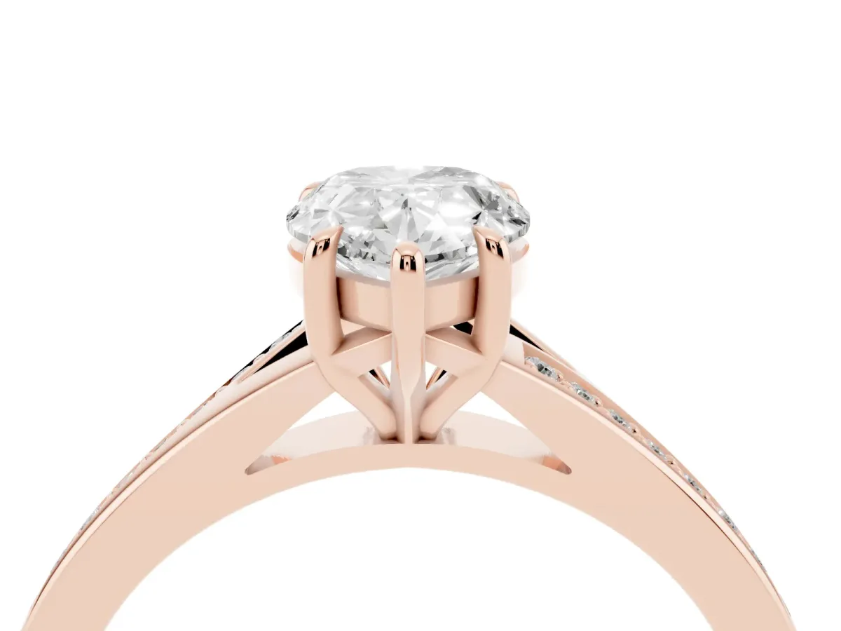 Pear Cut Diamond Solitaire Ring with Pavé Band and Prong Setting Rose gold