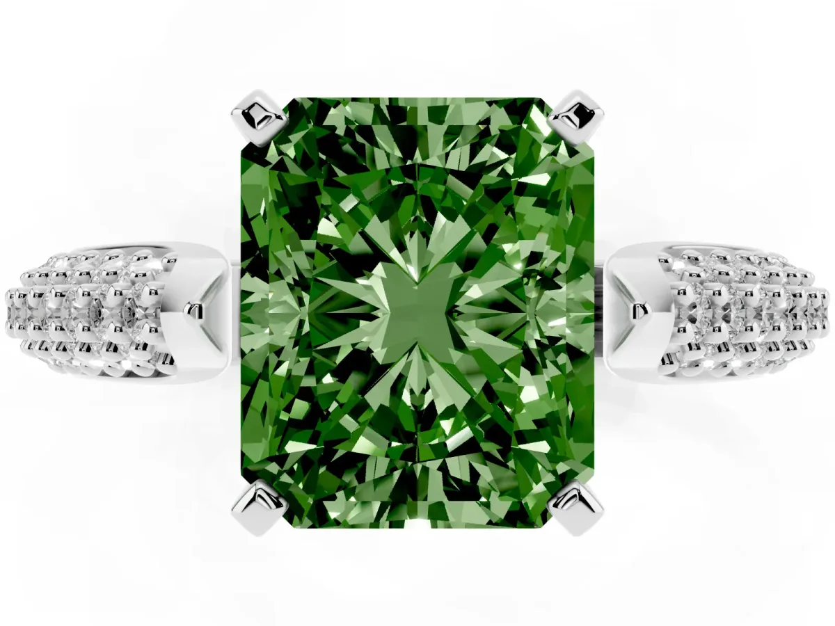 Fancy Green Radiant Cut Diamond Solitaire Engagement Ring with Multi-Row Round Pavé Band and Prong Setting White gold