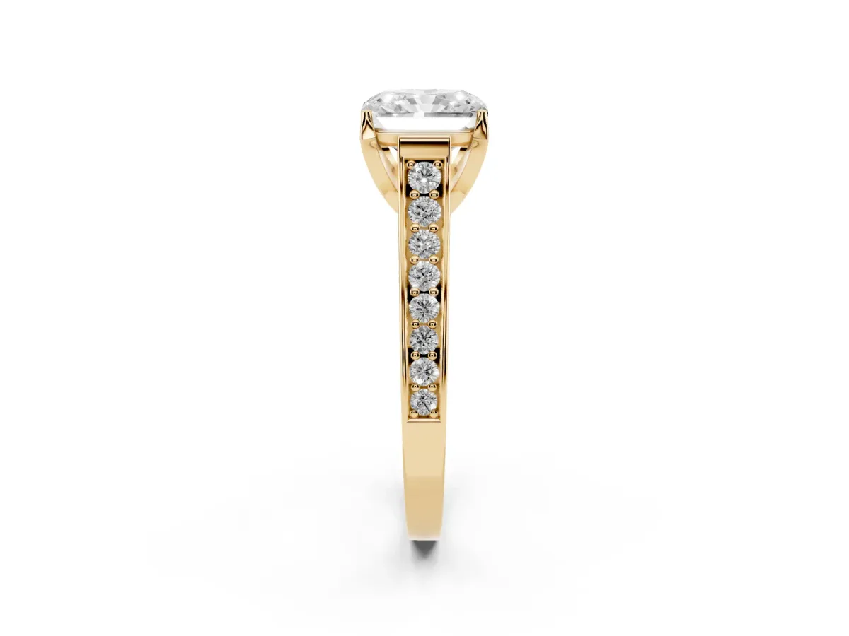 Radiant Cut Brilliant Cut Diamond Engagement Ring with Pavé Band and Four-Prong Setting Yellow gold