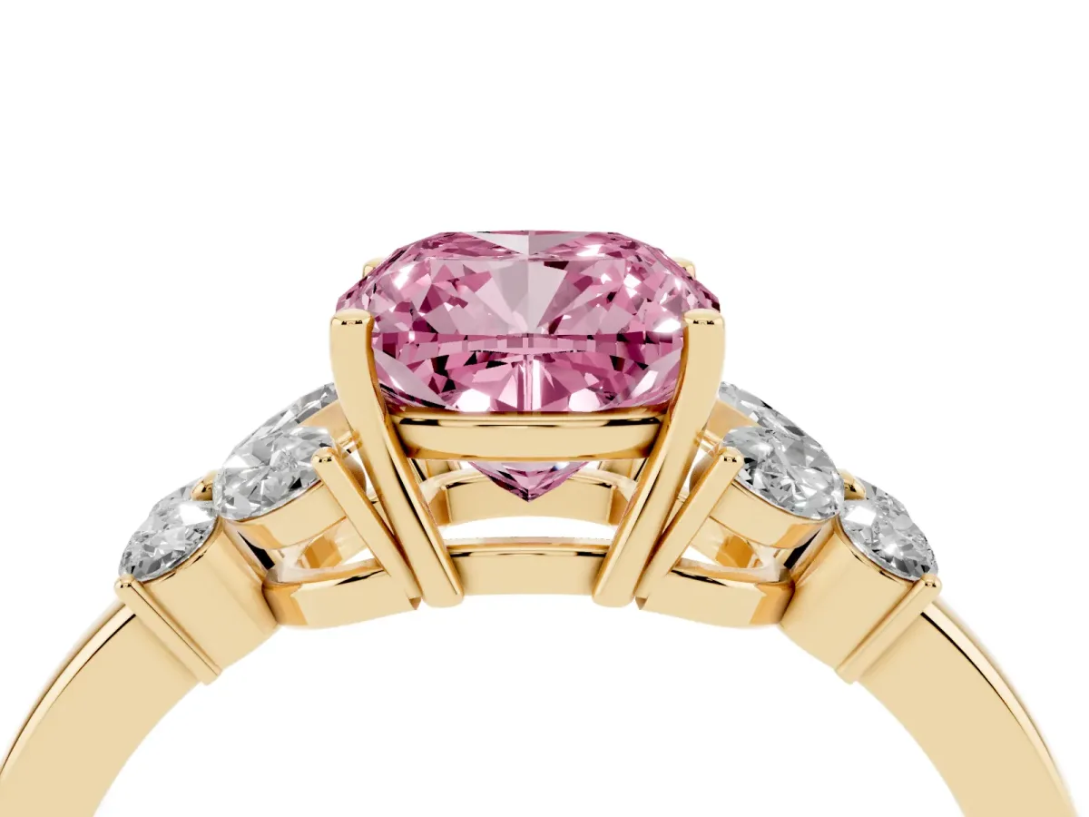 Fancy Pink Cushion Cut Cut Solitaire Floral Diamond Ring with Four-Prong Setting Yellow gold