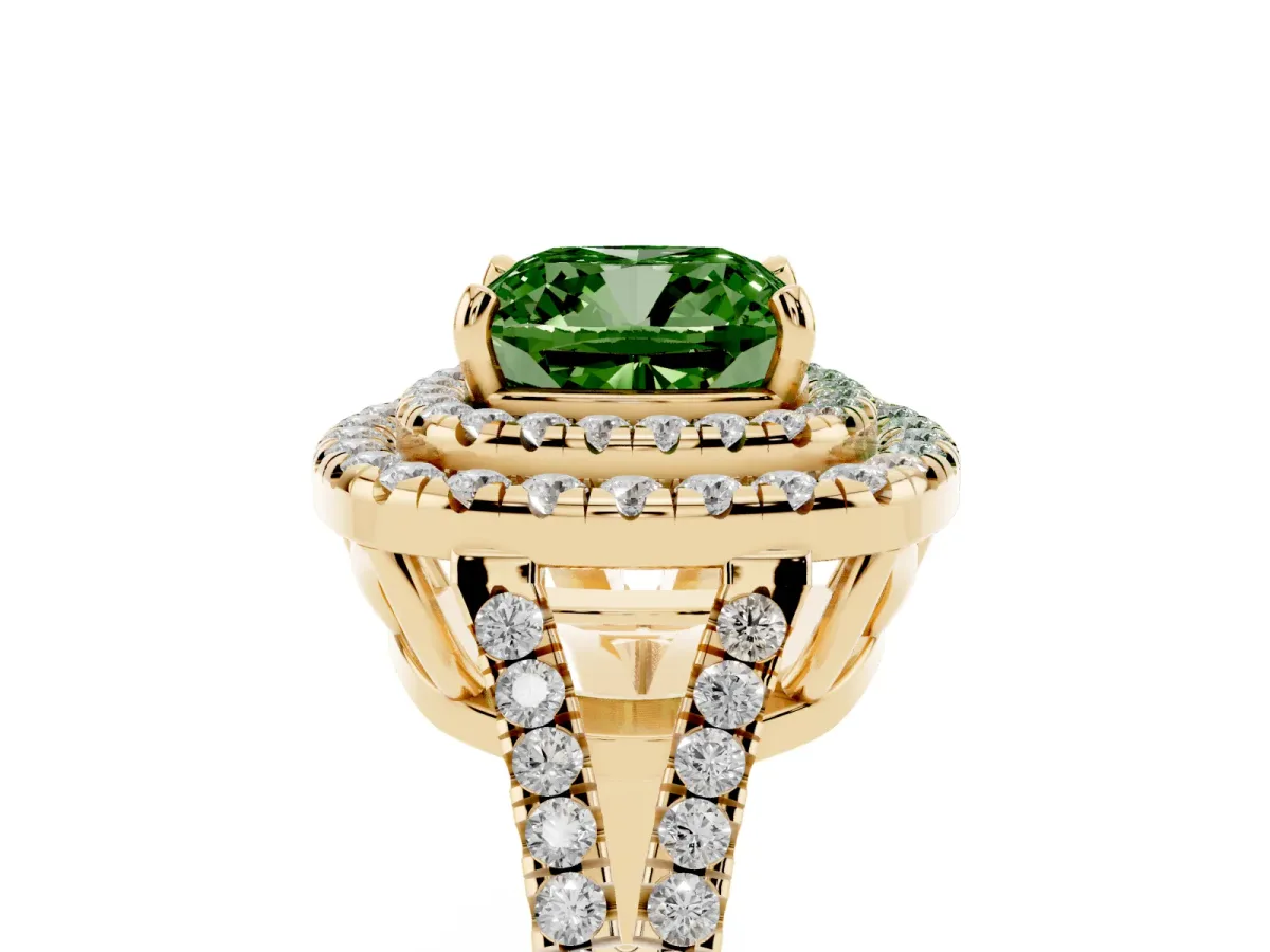 Fancy Green Cushion Cut Diamond Double Halo Ring with Pavé Band and Prong Setting Yellow gold
