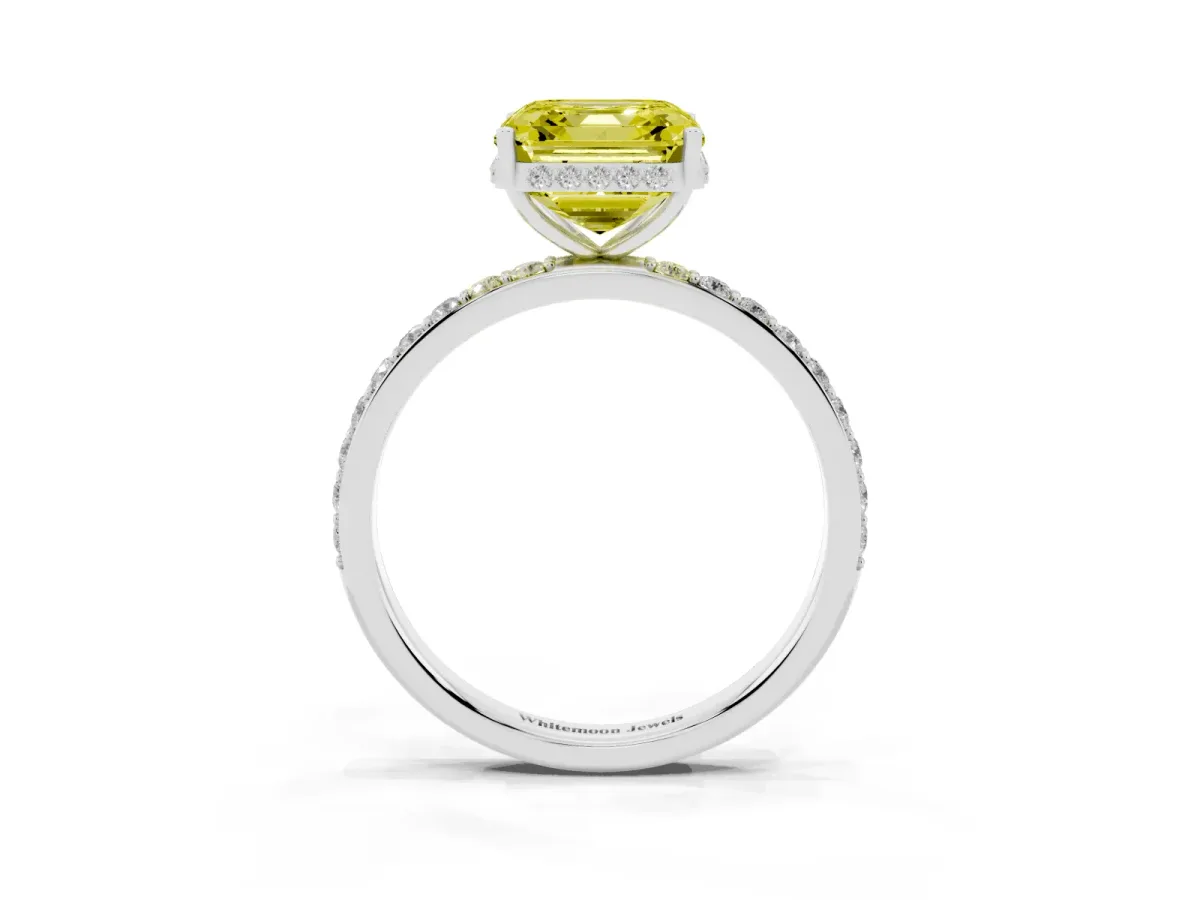 Fancy Yellow Asscher Cut Diamond Solitaire Ring with Pavé Band and Hidden Halo Platinum