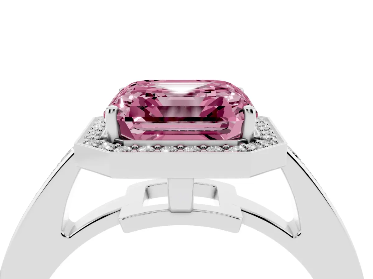 Fancy Pink Asscher Cut Halo Pavé Diamond Engagement Ring with Bezel Setting Platinum