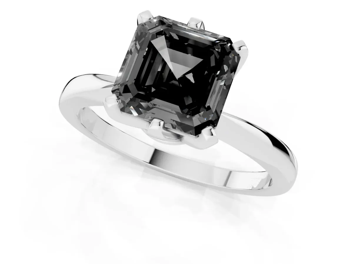 Fancy Black Asscher Cut Solitaire Engagement Ring with Six-Prong Setting and Tapered Band White gold