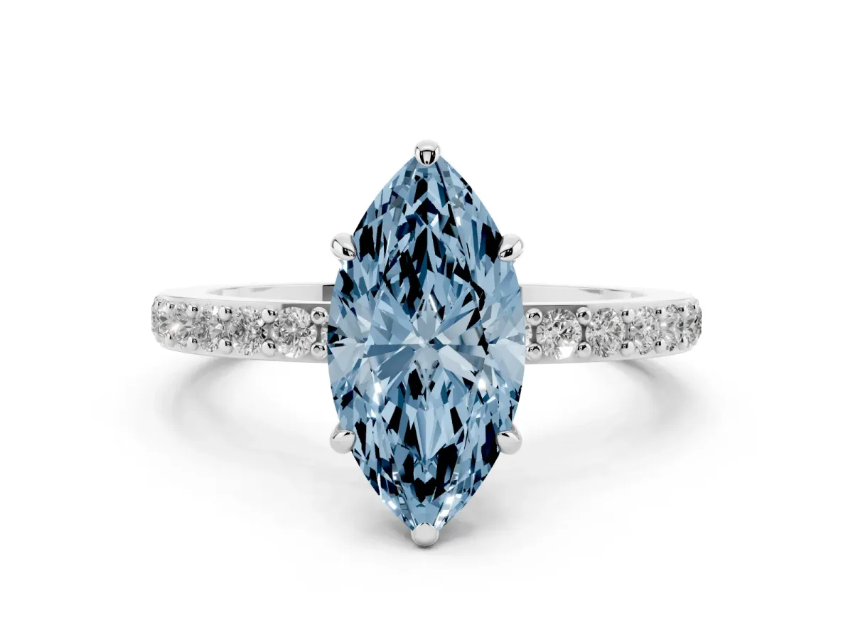 Fancy Blue Marquise Cut Diamond Pavé Engagement Ring with Round Accents and Prong Setting White gold