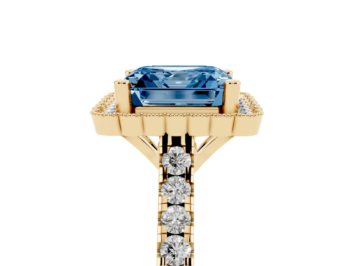 Fancy Blue Asscher Cut Cut Diamond Milgrain Floral Halo Engagement Ring with Pavé Band Yellow gold