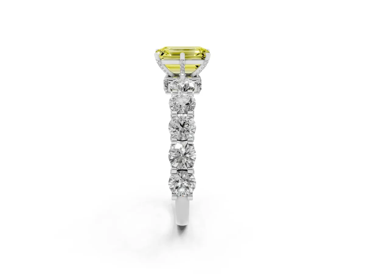 Fancy Yellow Emerald Cut Diamond Side Stone Engagement Ring with Four-Prong Setting Silver
