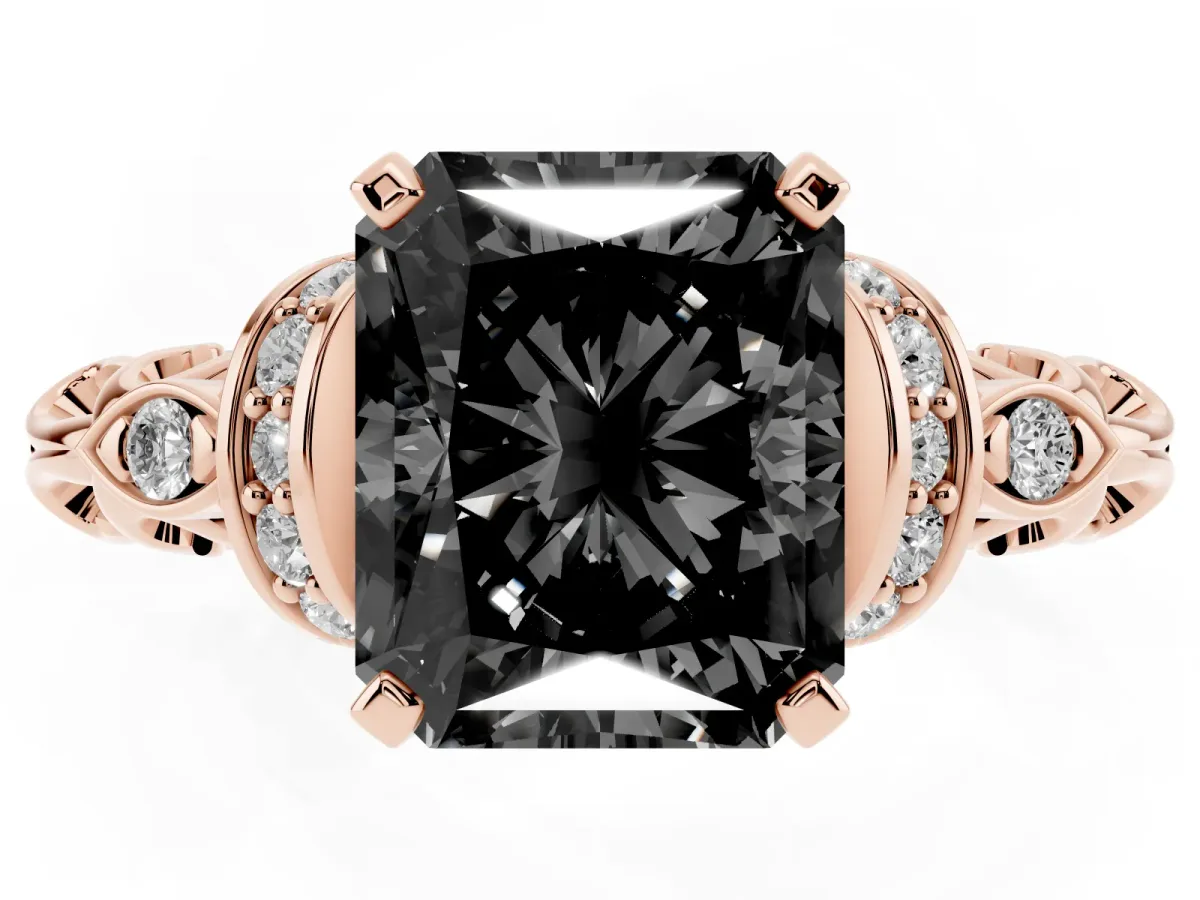 Fancy Black Radiant Cut Diamond Solitaire Ring with Filigree Band and Four-Prong Setting Rose gold