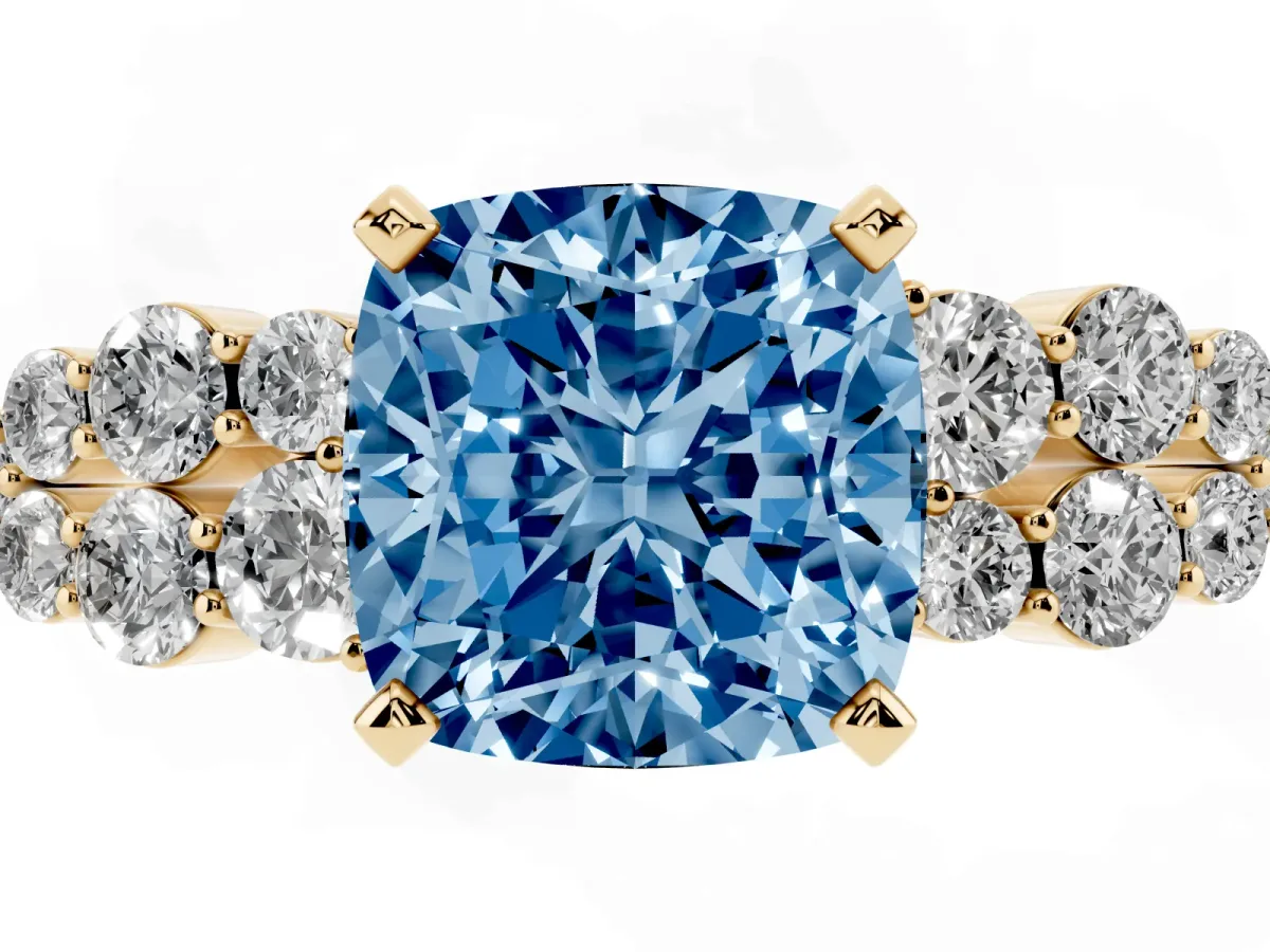 Fancy Blue Cushion Cut Cluster Diamond Engagement Ring with Pavé Band and Four-Prong Setting Yellow gold