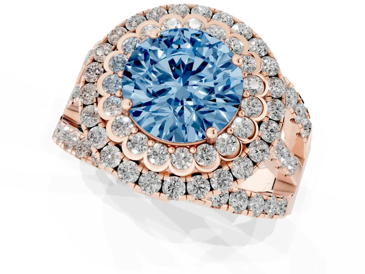 Fancy Blue Round Cut Diamond Double Halo Ring with Round Pavé Split Shank and Prong Setting Rose gold