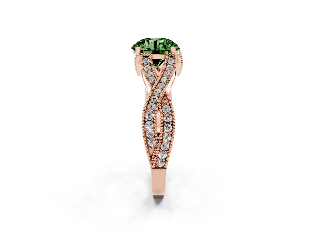 Fancy Green Round Cut Cut Diamond Twisted Band with Milgrain Pave Setting and Four-Prong Setting Rose gold