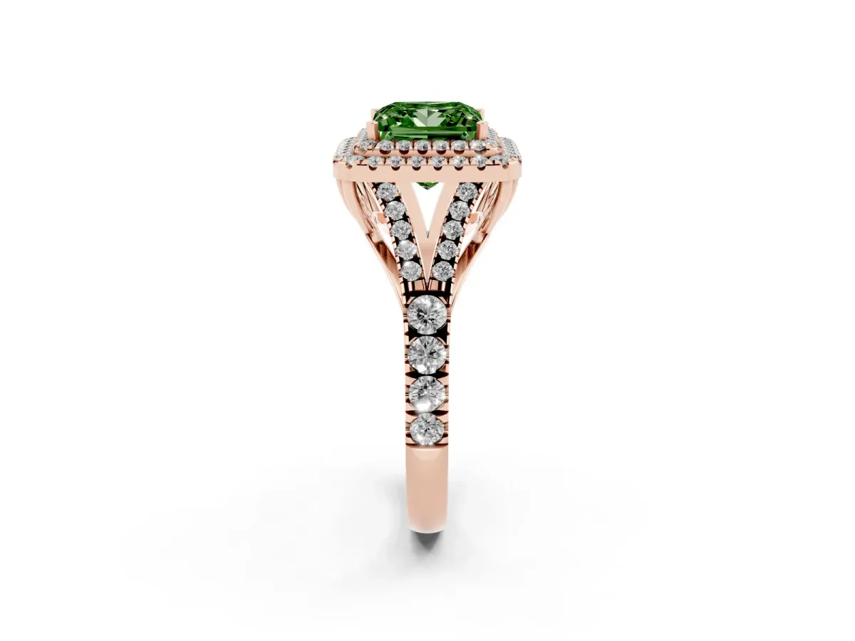 Fancy Green Princess Cut Diamond Double Halo Ring with Split Shank and Prong Setting Rose gold
