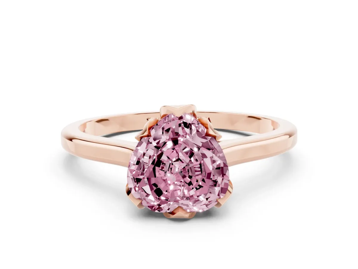 Fancy Pink Heart Cut Diamond Solitaire Ring with Flower Prong Setting and Classic Band Rose gold