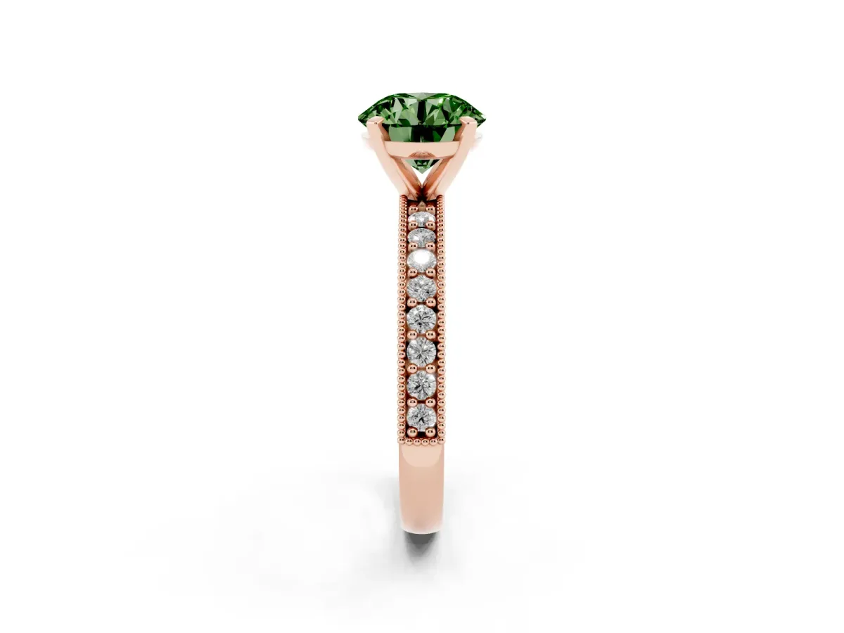 Fancy Green Round Cut Diamond Milgrain Pavé Engagement Ring with Four-Prong Setting Rose gold
