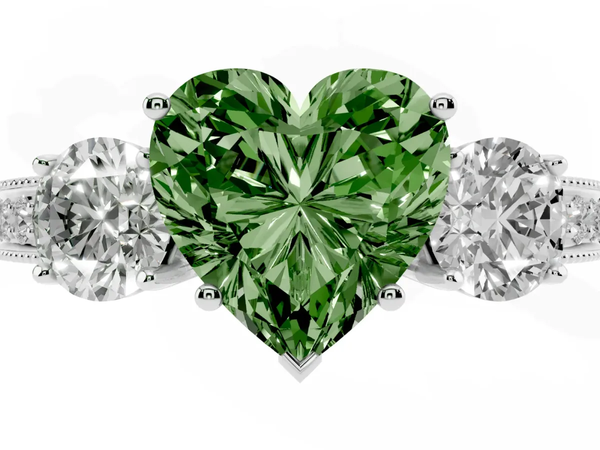 Fancy Green Heart Cut Three-Stone Diamond Ring with Pavé Band and Four-Prong Setting Silver