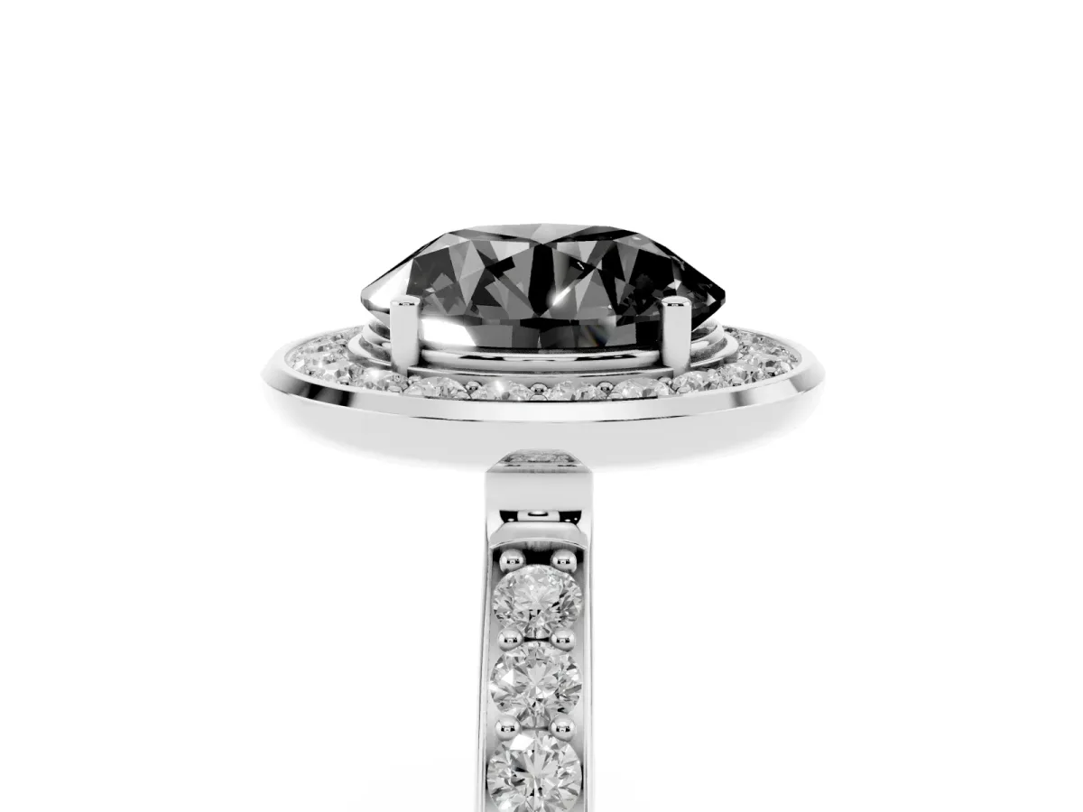 Fancy Black Round Cut Diamond Halo Ring with Bezel Frame and Pavé Band Silver