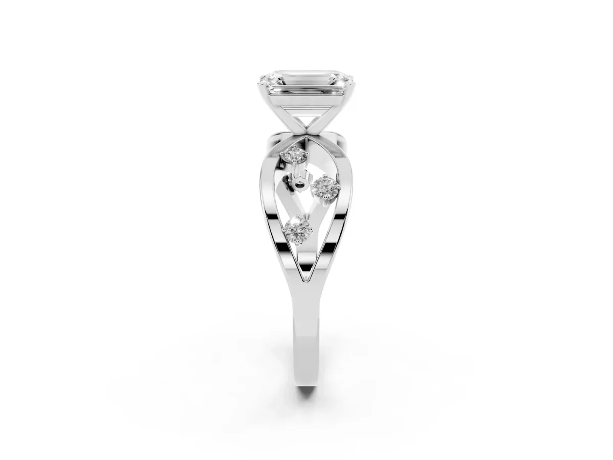 Emerald Cut Cut Solitaire Diamond with Side Stones on Criss-Cross Band and Four-Prong Setting Platinum