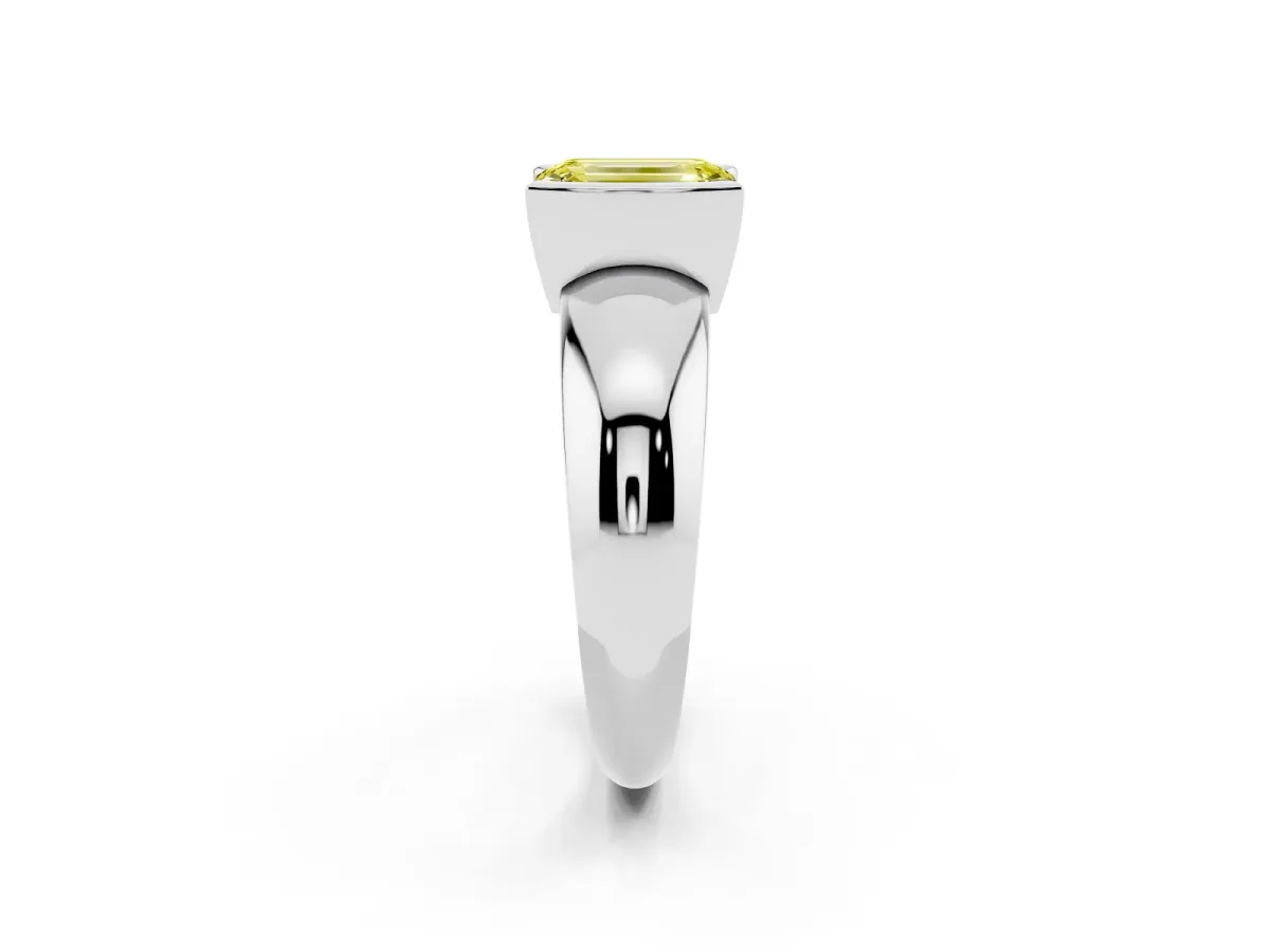 Fancy Yellow Emerald Cut Solitaire Tension Set Diamond Ring with Wide Band Silver