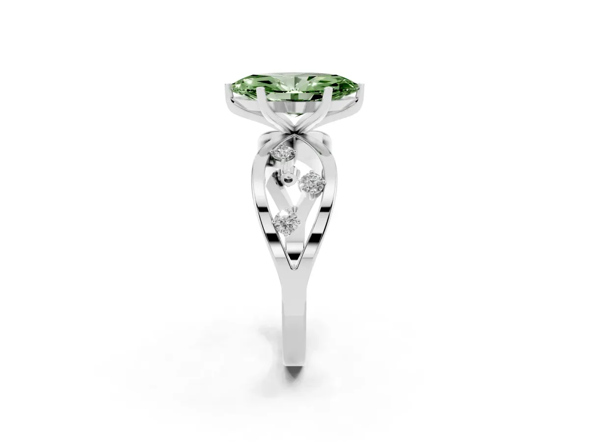 Fancy Green Marquise Cut Cut Solitaire Diamond with Side Stones on Criss-Cross Band and Four-Prong Setting Silver
