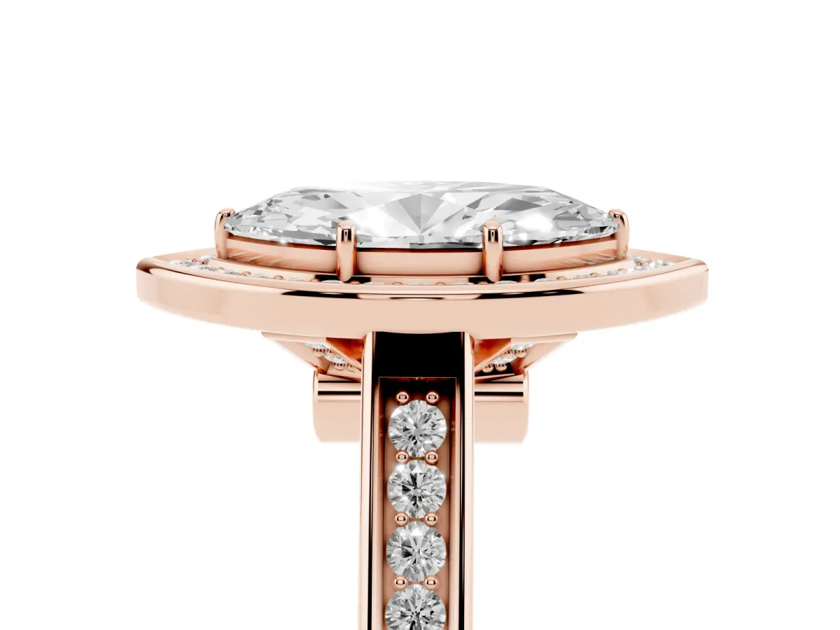 Marquise Cut Halo Solitaire Diamond Ring with Pave Band and Bezel Setting Rose gold