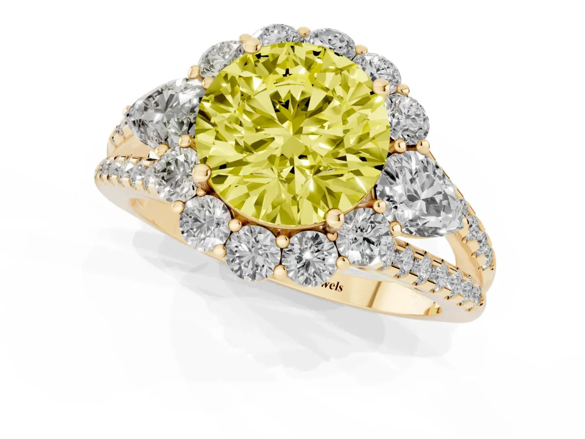 Fancy Yellow Round Cut Halo Split Shank Diamond Engagement Ring with Prong Setting Yellow gold