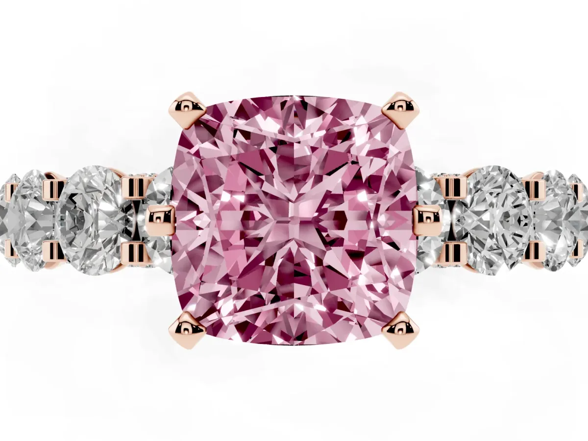Fancy Pink Cushion Cut Diamond Side Stone Engagement Ring with Four-Prong Setting Rose gold
