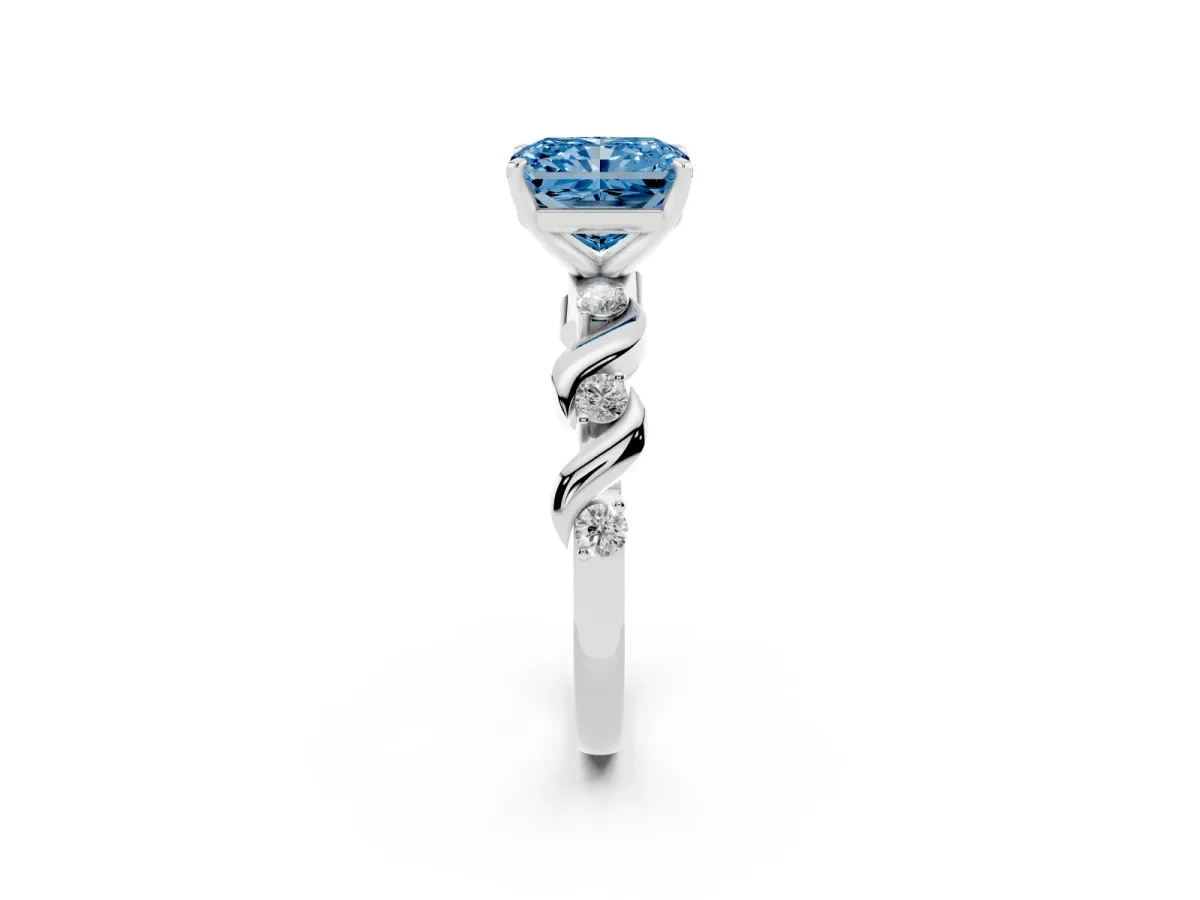 Fancy Blue Radiant Cut Diamond Solitaire Twisted Band with Round Accents and Prong Setting Silver