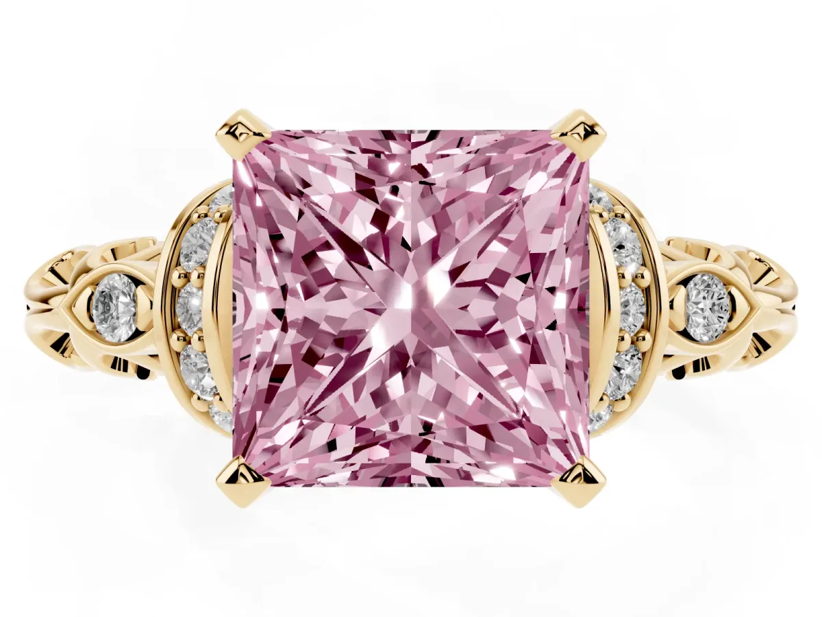 Fancy Pink Princess Cut Diamond Solitaire Ring with Filigree Band and Four-Prong Setting Yellow gold