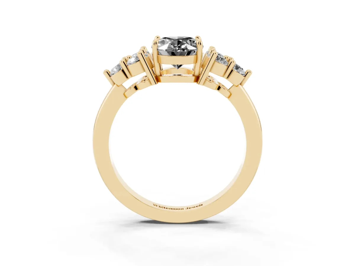 Fancy Black Oval Cut Brilliant Diamond Cluster Accent Solitaire Ring with Prong Setting Yellow gold