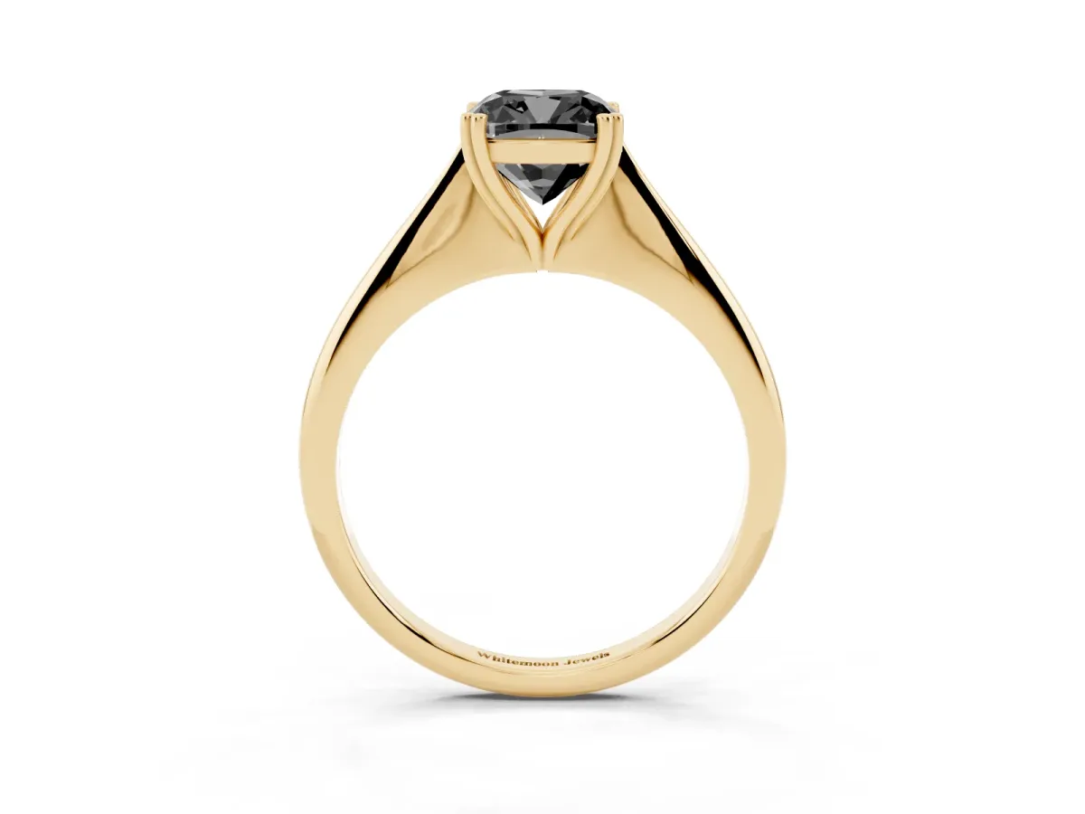 Fancy Black Cushion Cut Solitaire Diamond Ring with Six-Prong Setting and Classic Band Yellow gold