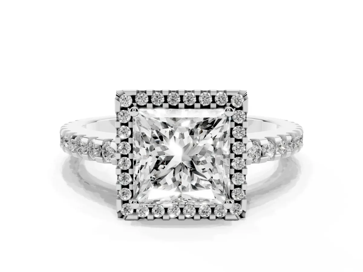 Princess Cut Diamond Halo Engagement Ring with Pavé Band and Prong Setting Platinum