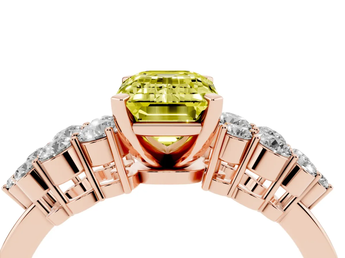 Fancy Yellow Emerald Cut Cluster Diamond Engagement Ring with Pavé Band and Four-Prong Setting Rose gold