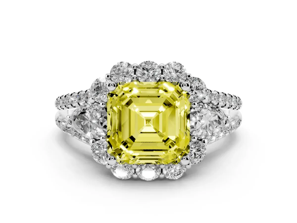 Fancy Yellow Asscher Cut Halo Split Shank Diamond Engagement Ring with Prong Setting Platinum
