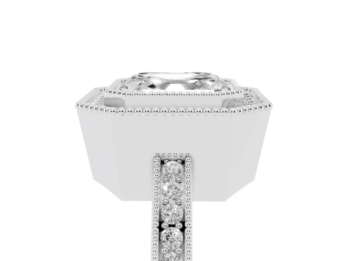 Asscher Cut Cut Halo Diamond Ring with Pavé Band and Milgrain Prong Setting Silver
