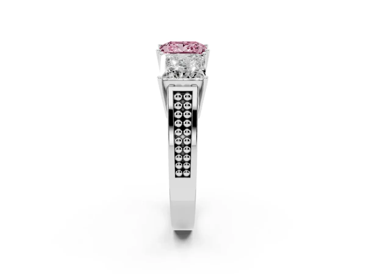 Fancy Pink Princess Cut Diamond Three-Stone Ring with Prong Setting and Textured Band Platinum