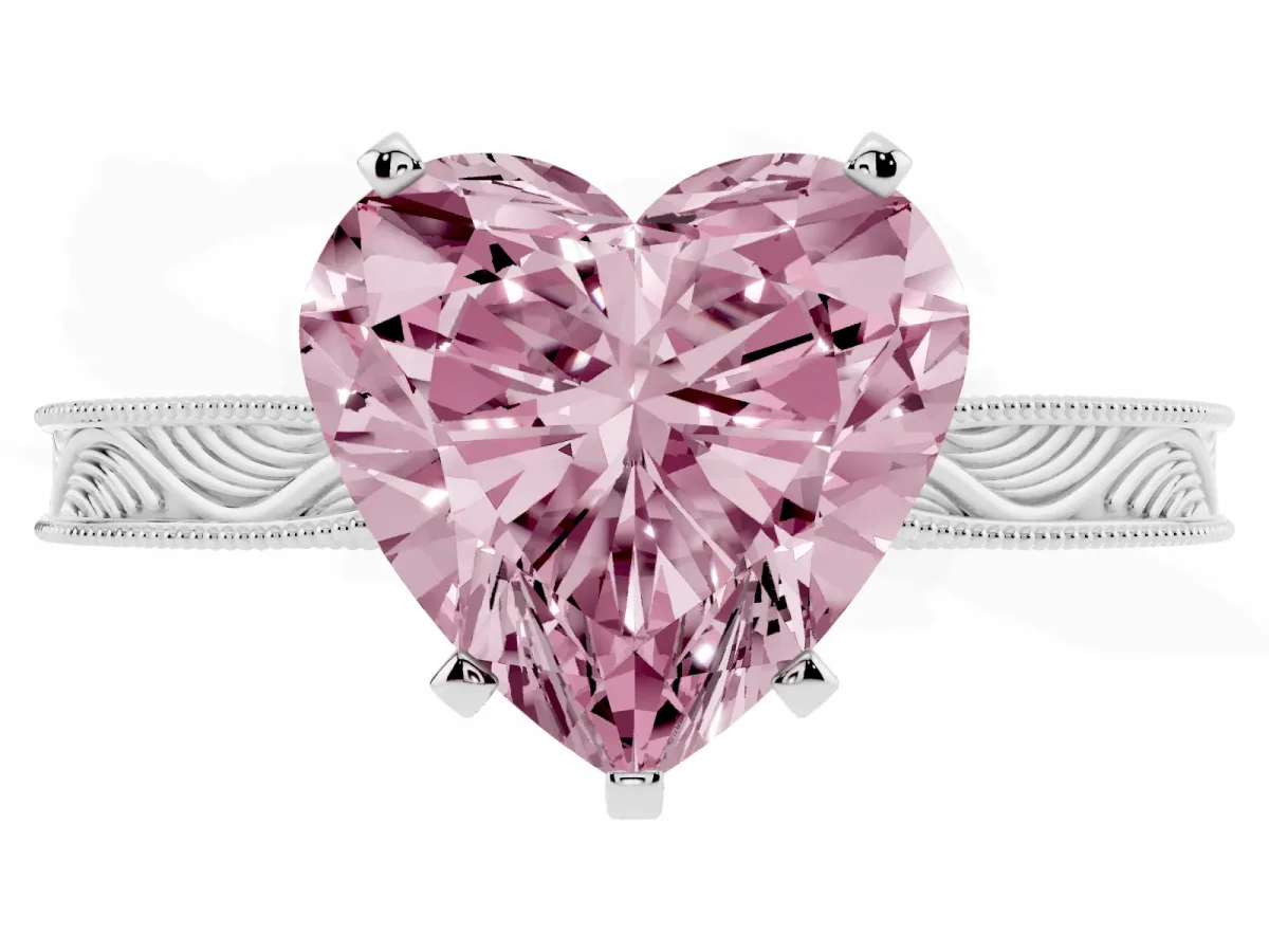 Fancy Pink Heart Cut Solitaire Milgrain Engraved Band with Four-Prong Setting Silver