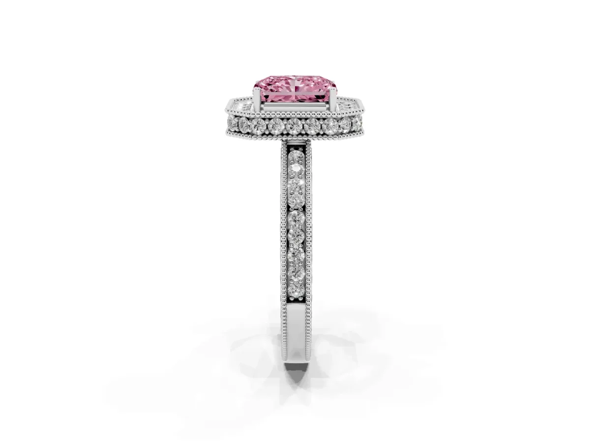 Fancy Pink Radiant Cut Diamond Milgrain Halo Engagement Ring with Round Pavé Band and Prong Setting Platinum