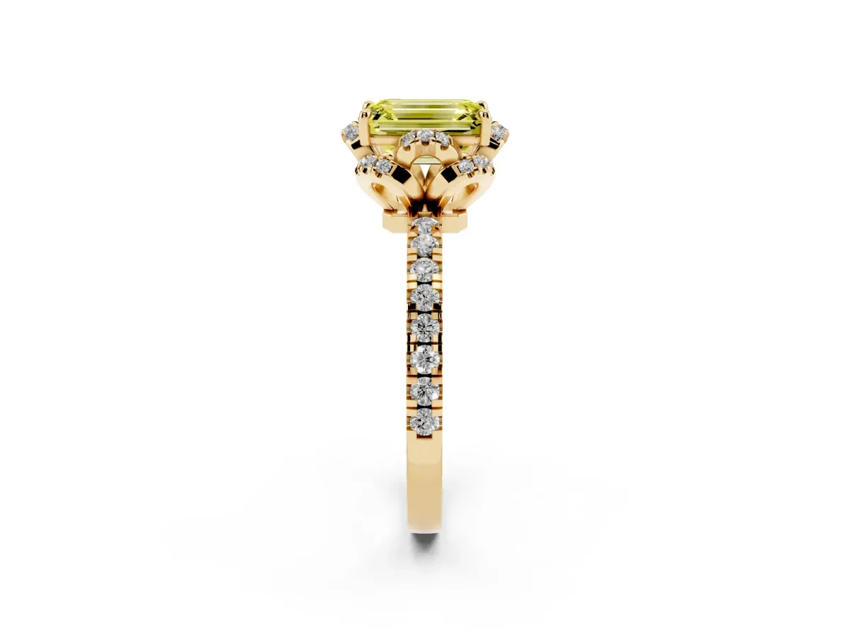 Fancy Yellow Emerald Cut Halo Diamond Pave Band Ring with Four-Prong Setting Yellow gold