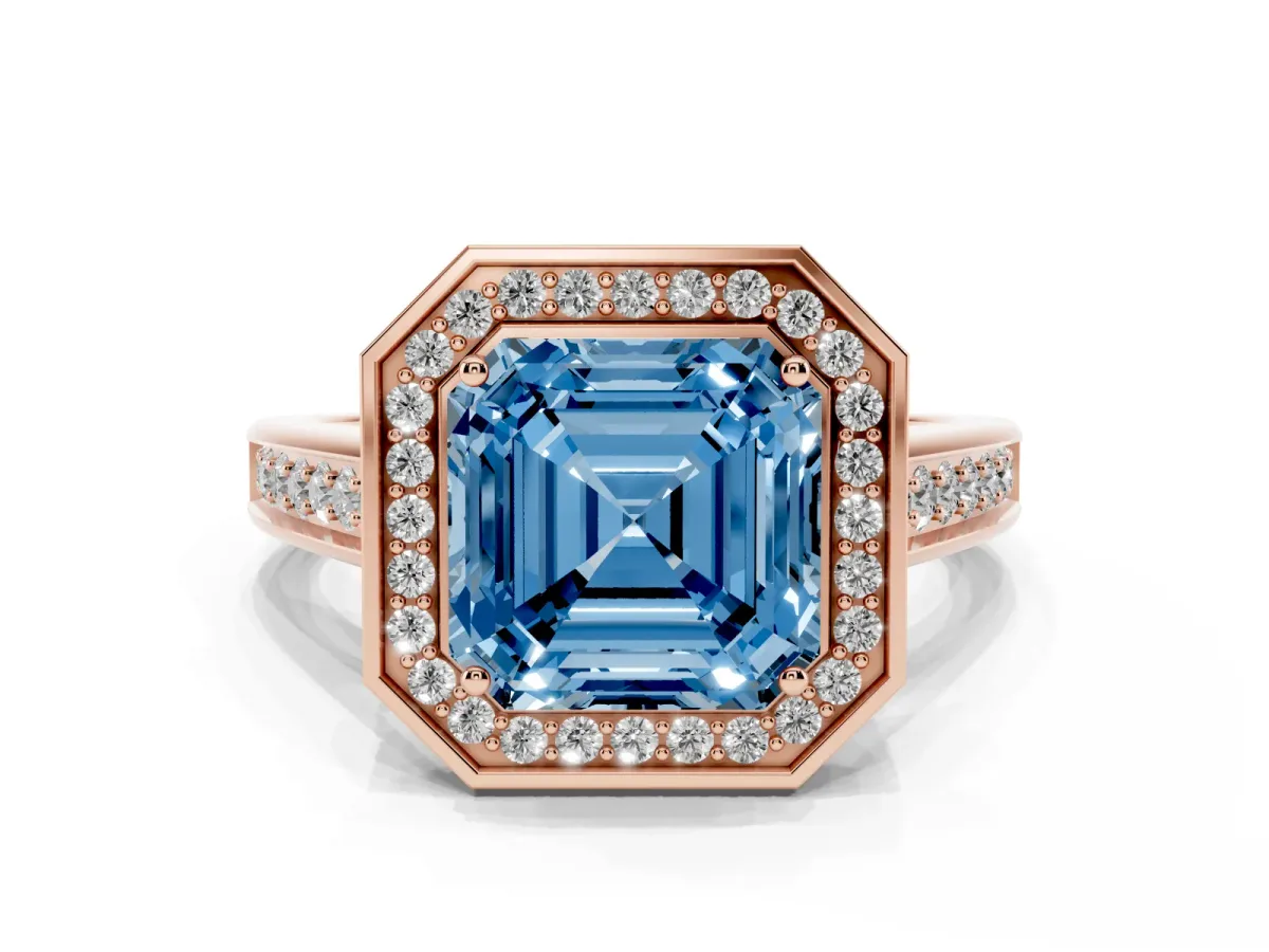 Fancy Blue Asscher Cut Halo Solitaire Diamond Ring with Pave Band and Bezel Setting Rose gold