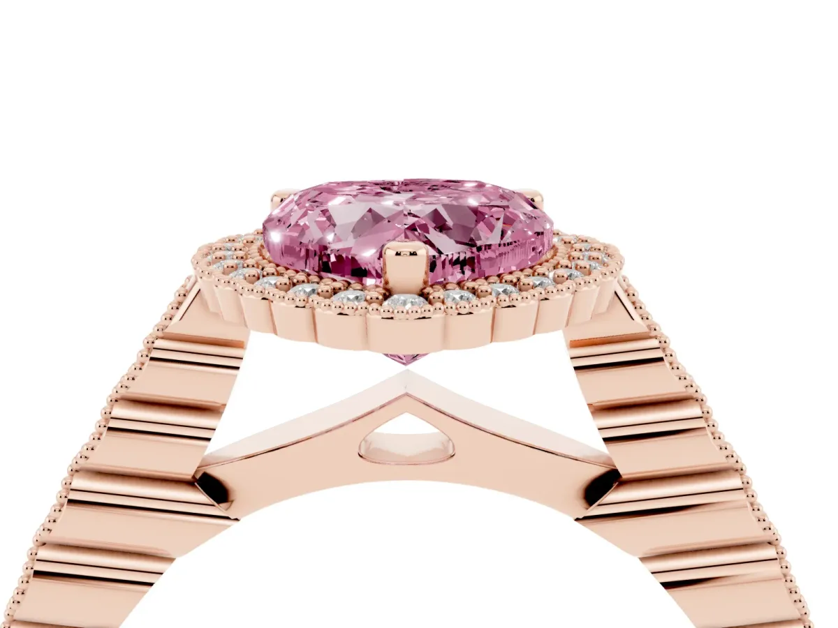 Fancy Pink Heart Cut Cut Halo Pavé Solitaire Ring with Milgrain Band Rose gold