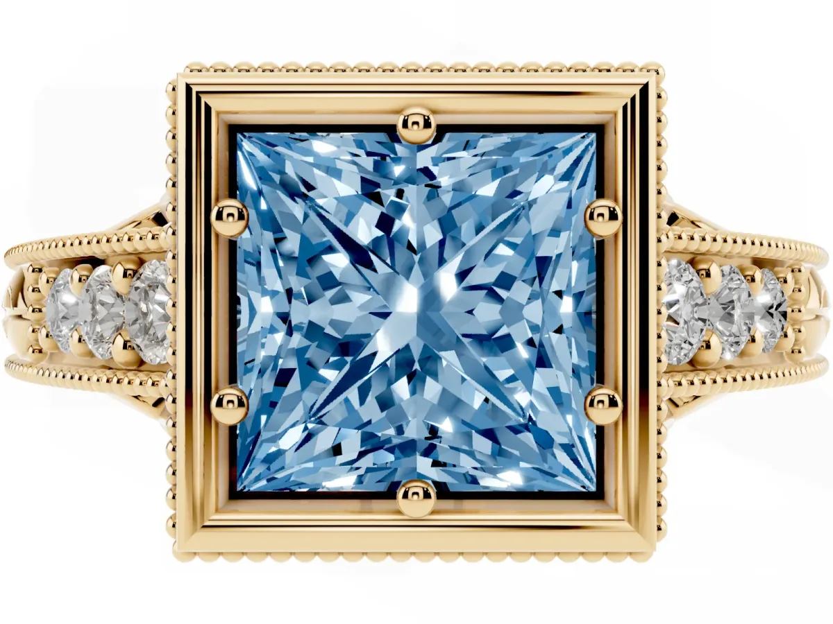 Fancy Blue Bezel Set Princess Cut Diamond Milgrain Pave Engagement Ring Yellow gold